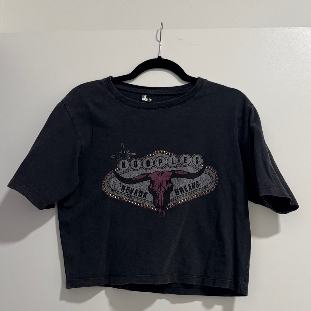 The Kooples Black Graphic Crop Tee with Pink Skull